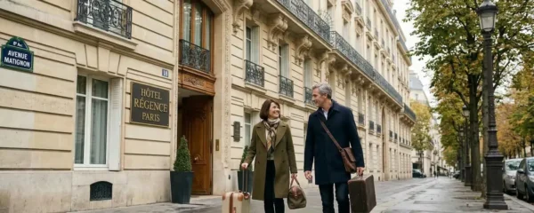 Couple arrivant devant façade haussmannienne hôtel 4 étoiles Paris 8ème