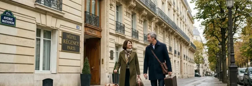 Couple arrivant devant façade haussmannienne hôtel 4 étoiles Paris 8ème