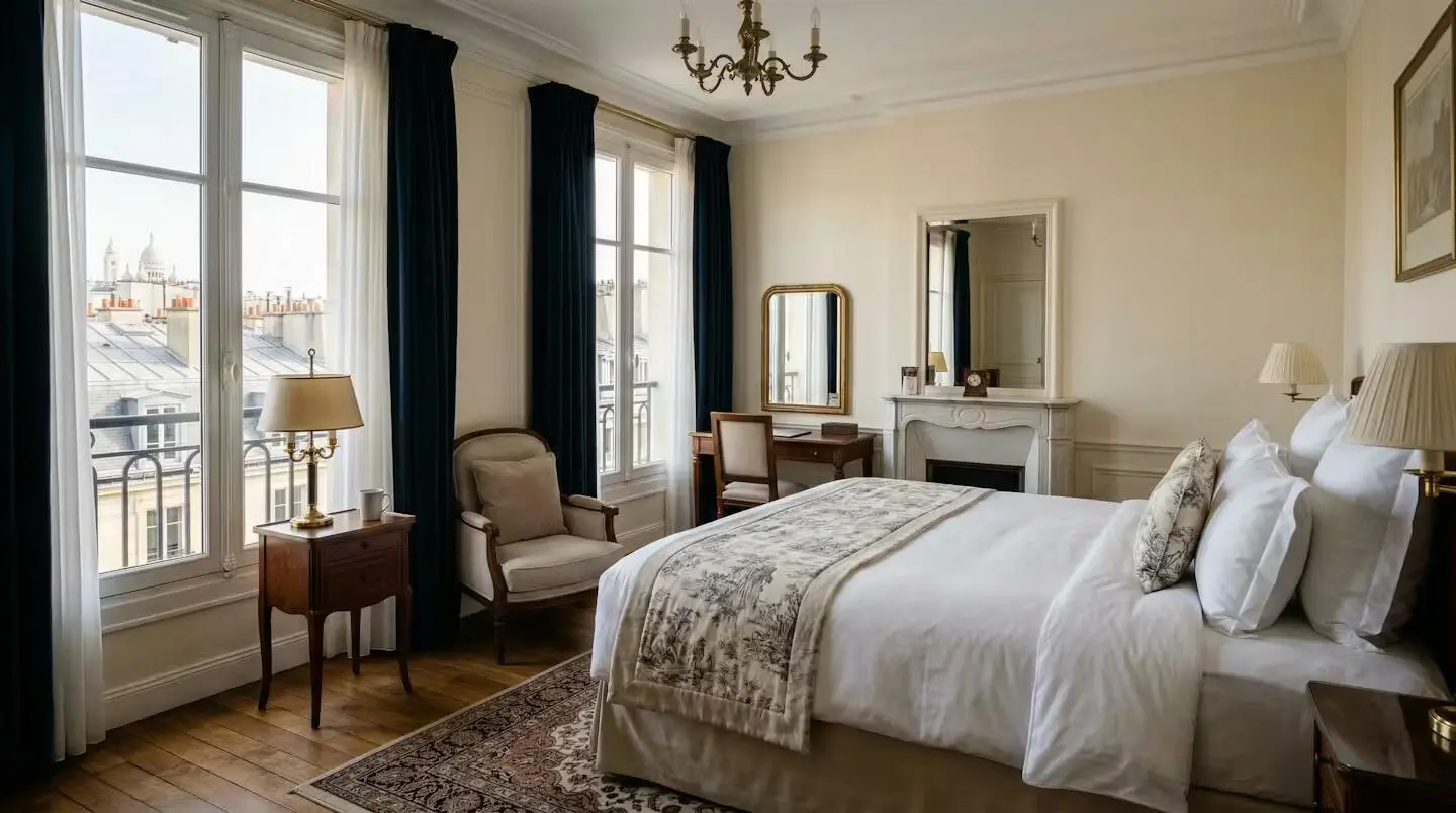 Chambre hôtel 4 étoiles Paris vue toits haussmanniens confort haut de gamme