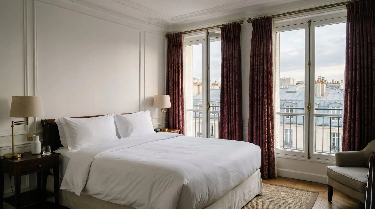 Chambre d'hôtel parisienne élégante avec lit king-size et rideaux damassés, vue sur toits parisiens