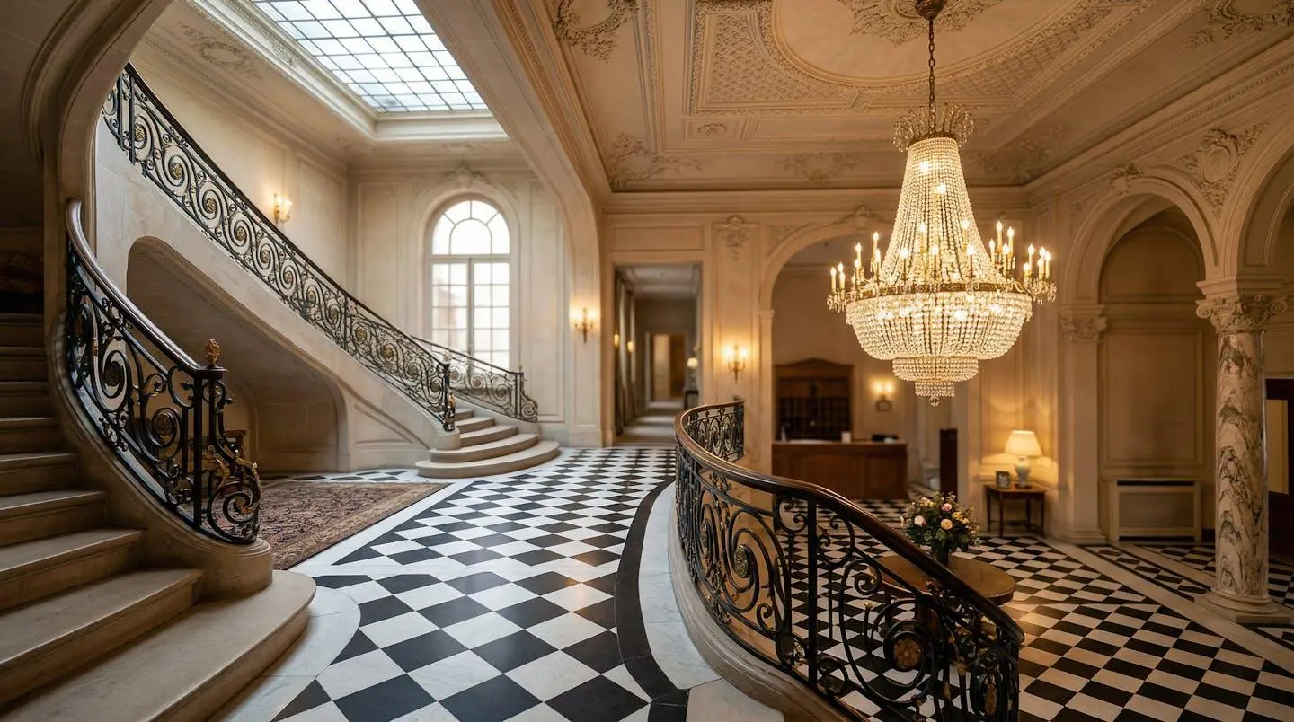 Hall d'entrée d'un hôtel parisien classique avec sol en marbre et lustre en cristal, ambiance haut de gamme