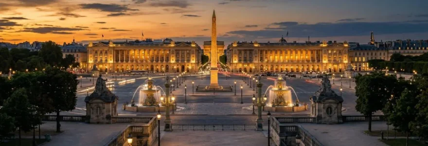 Vue panoramique de la Place de la Concorde au crépuscule avec façades haussmanniennes illuminées