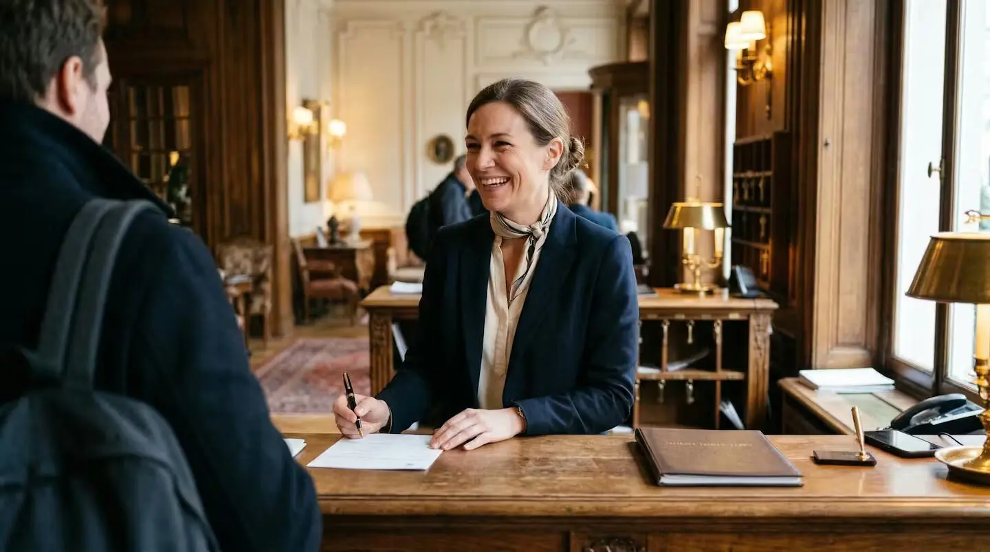 Réception hôtel de charme Paris avec boiseries anciennes service personnalisé