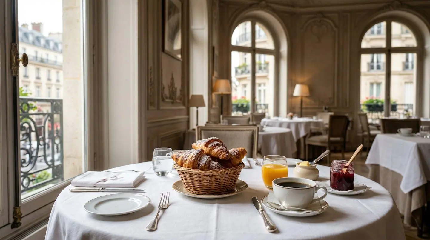 Table de petit-déjeuner dressée avec croissants et café dans une salle de restaurant d'hôtel parisien