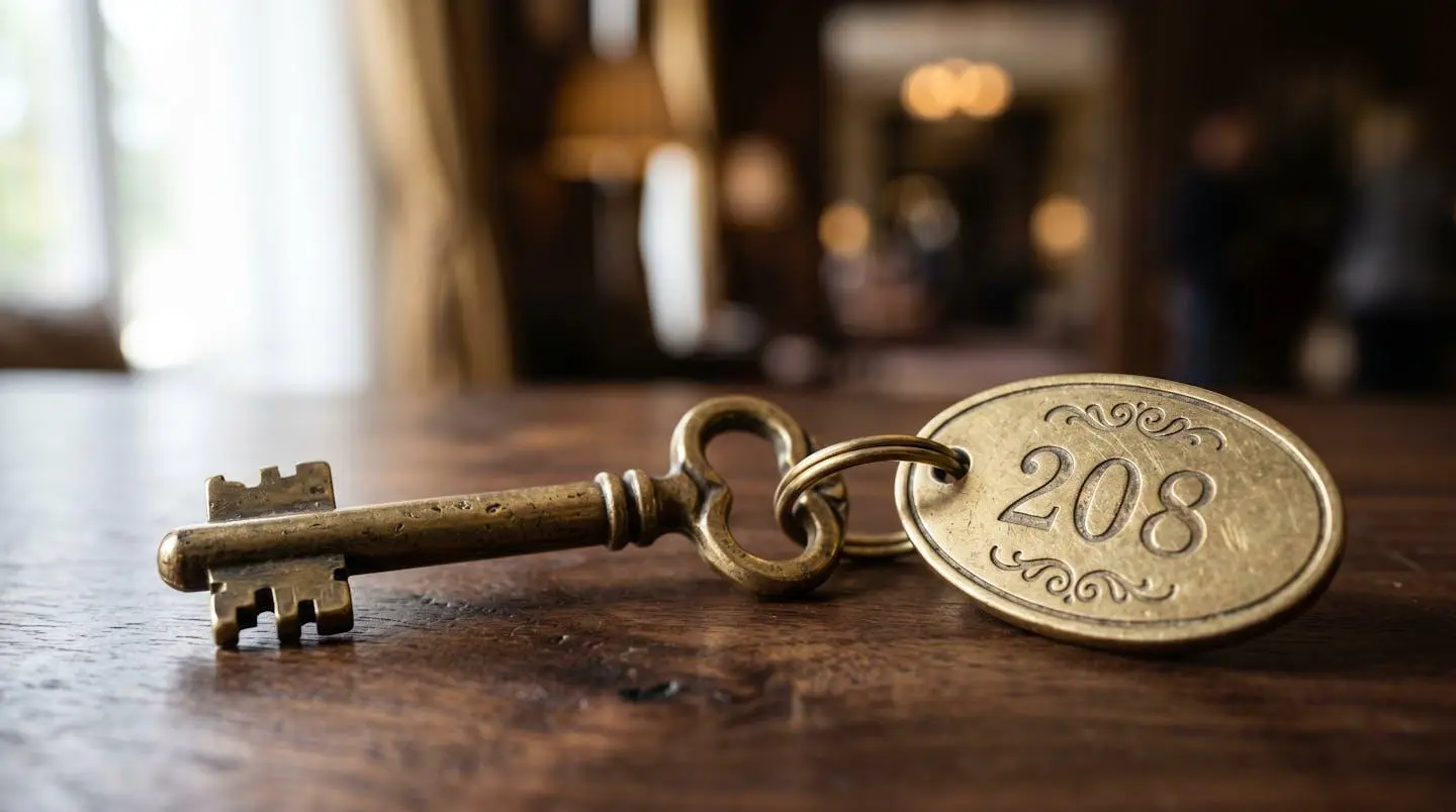 Clé d'hôtel vintage en laiton posée sur un comptoir en bois sombre avec un éclairage latéral naturel créant des ombres douces