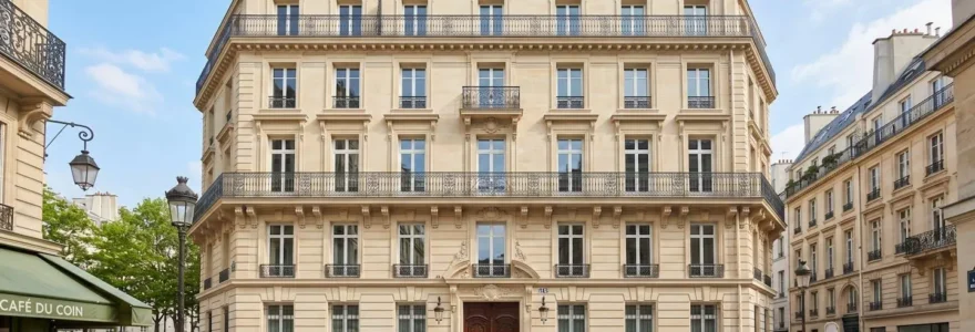 Façade haussmannienne en pierre de taille avec entrée discrète d'hôtel de charme dans une rue calme du 8ème arrondissement parisien