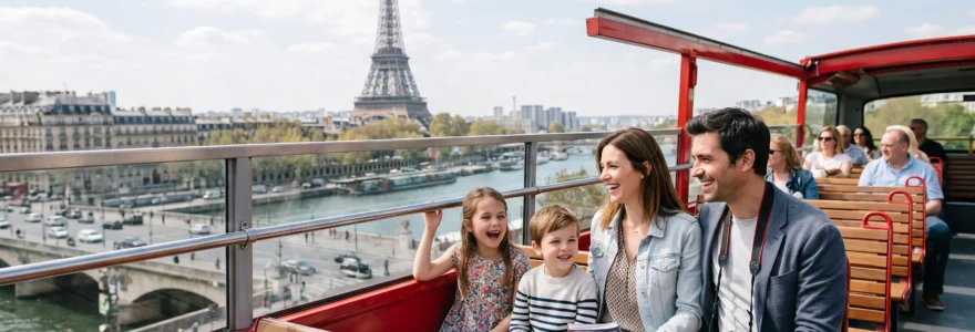 Famille avec enfants dans un bus touristique à impériale devant des monuments de Paris