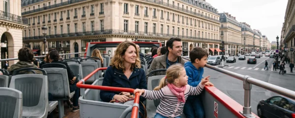 Famille avec deux enfants assis sur le pont découvert d'un bus touristique à impériale circulant sur un boulevard parisien.