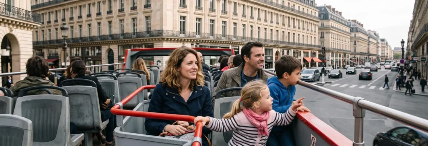Famille avec deux enfants assis sur le pont découvert d'un bus touristique à impériale circulant sur un boulevard parisien.