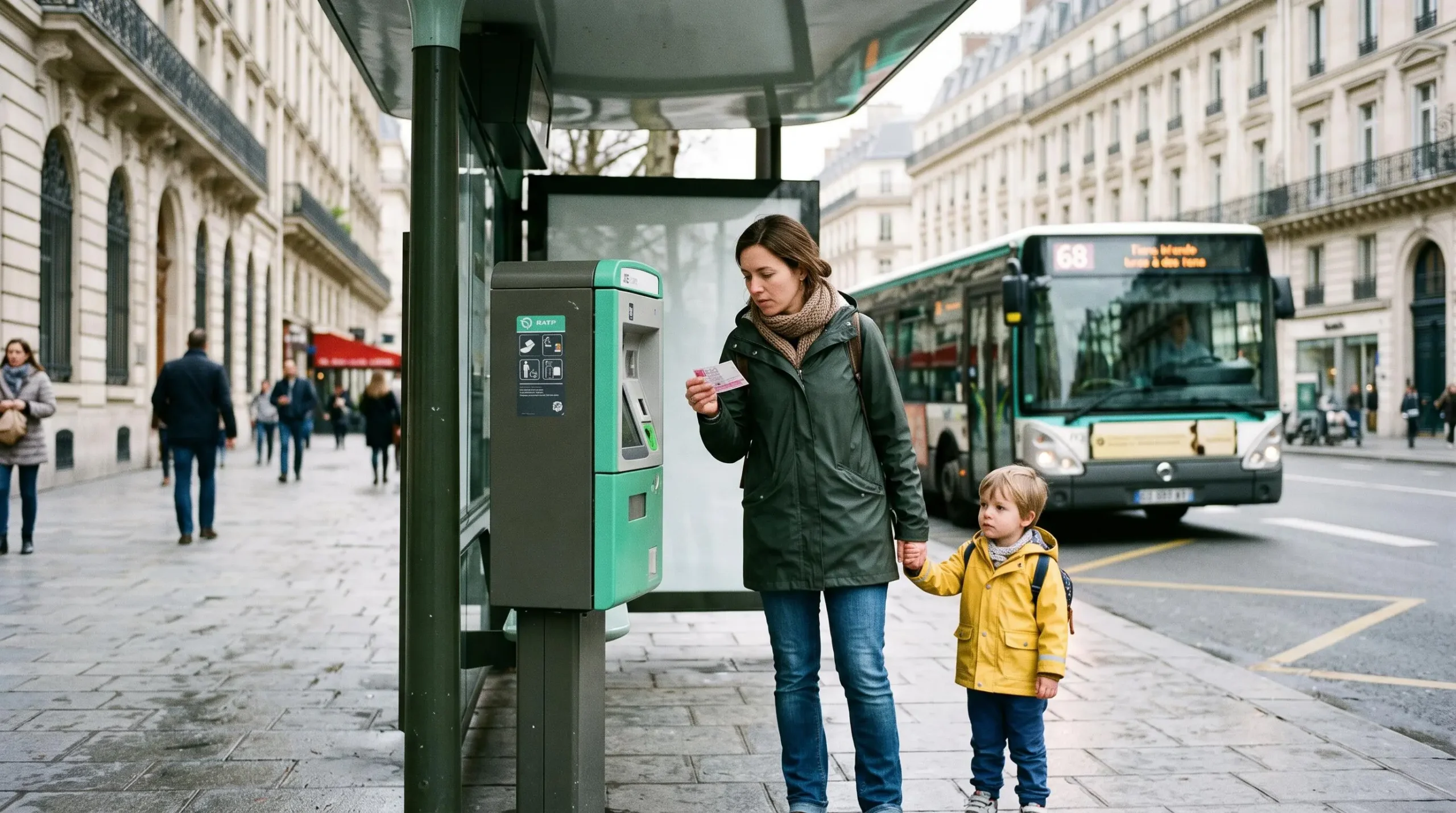 Un parent avec un enfant attendant un bus de ligne ordinaire devant un abri d'arrêt parisien en consultant son ticket.