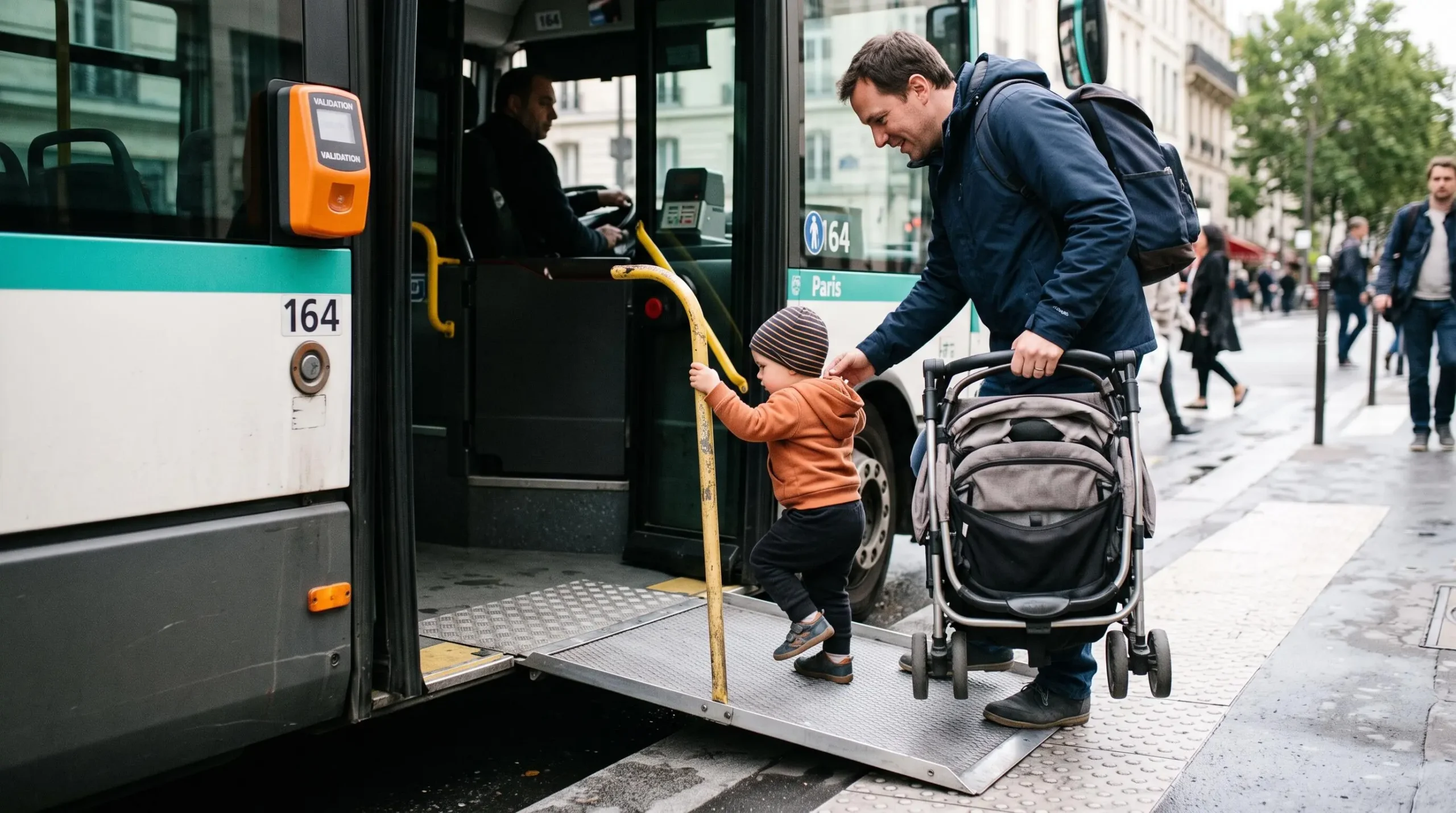 Un parent montant dans un bus de ligne parisien avec une poussette pliée et un jeune enfant, via la rampe d'accès déployée à la porte.